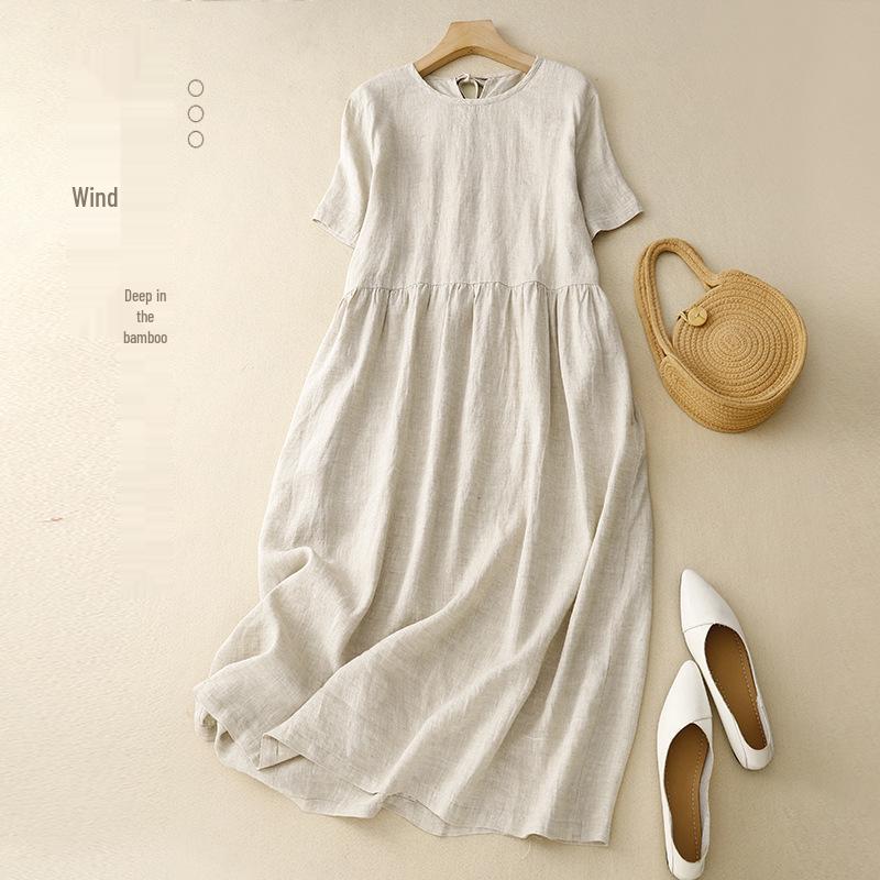 2025 Summer Literary Loose Cotton Linen Dress - Women's Solid Color, Round Neck, Short Sleeve, Mid-Length