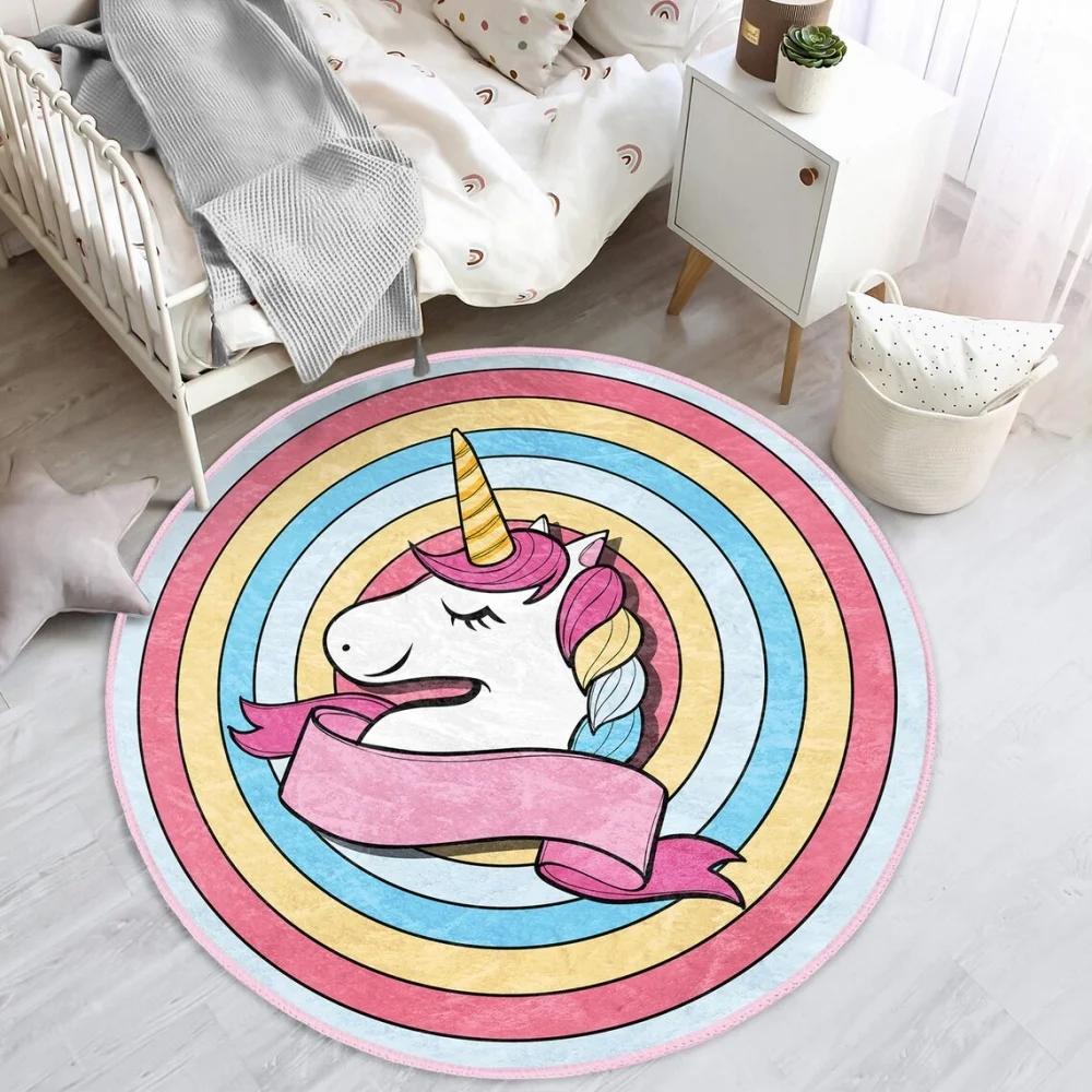 Enchanted Unicorn Floral Round Rug for Home Decor Magical Rainbow Playful Floor Mat for Kids Nursery Bedroom Fantasy Decor