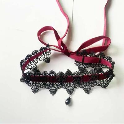 Charm Retro Black Lace Wine Red Velvet Tie Choker Black Teardrop Tassel Necklace for Women Christmas Neck Ornaments Jewelry Gift
