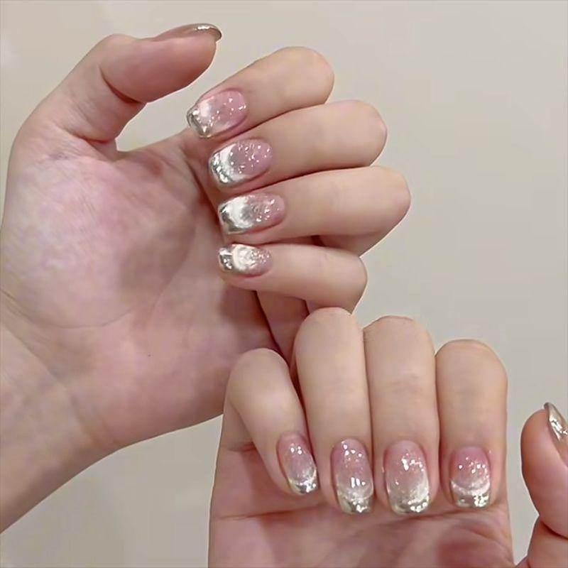 Handcrafted Cat Eye French Metal Light Therapy Removable Nail Art Patches