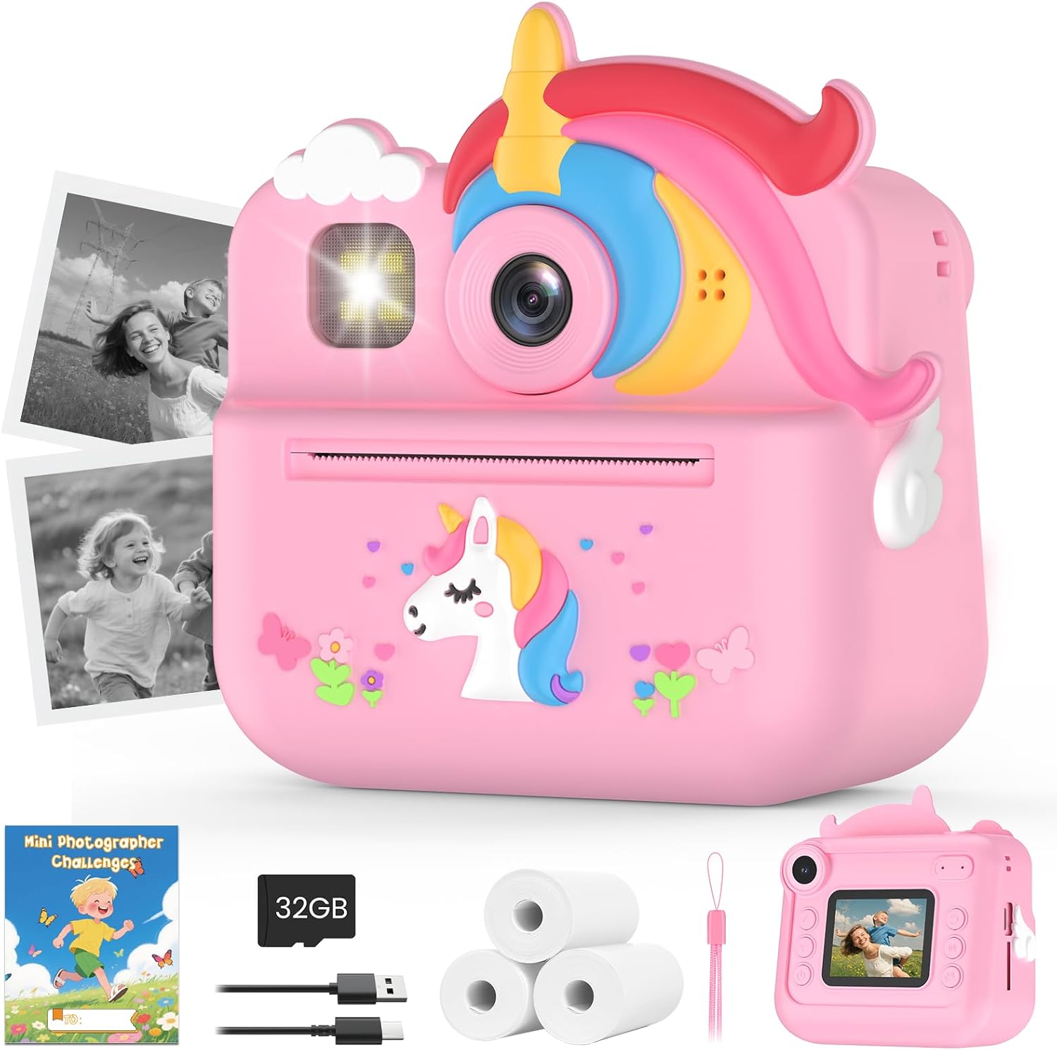 

Детская камера моментальной печати, 1080P HD детская камера с картой 32 ГБ, 48 МП детская камера для селфи, детская игрушка, подарки с единорогом для детей от 3 до 12 лет