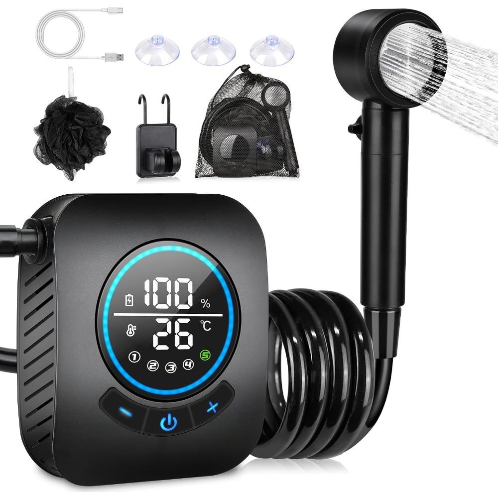 Doccia da Campeggio Portatile, Ricaricabile 8000mAh, 5 Velocità Regolabili, 4 Modalità di Spruzzo, Display LED, Kit Doccia da Esterno Impermeabile IPX8 (1 set)