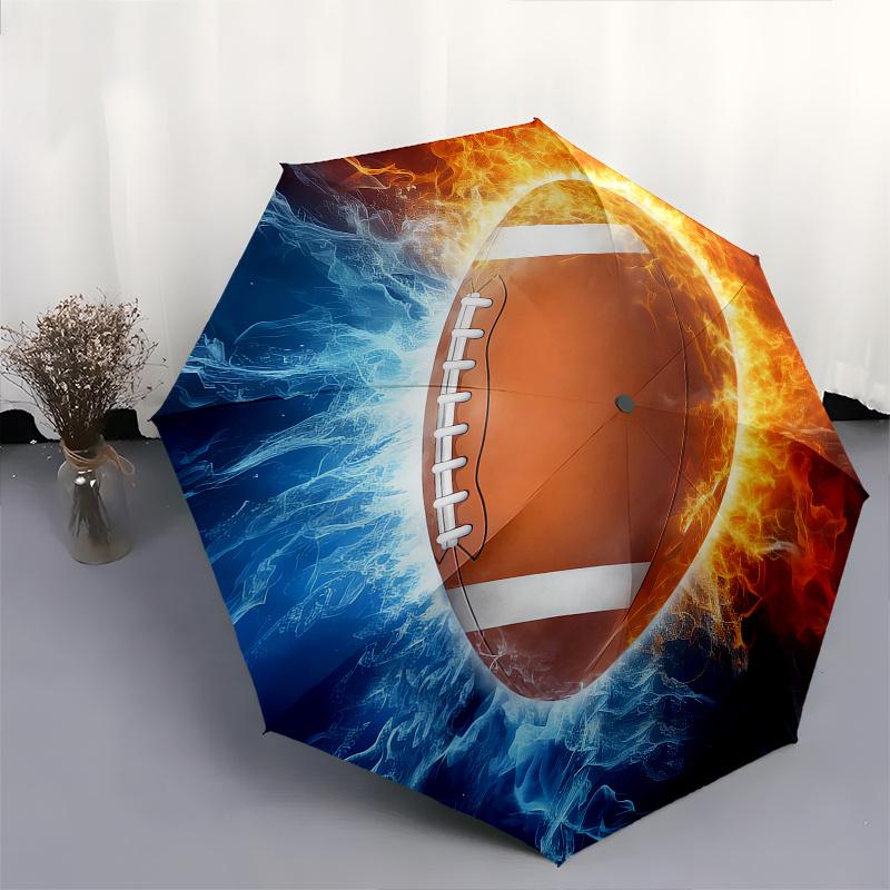 Football, Fire_and_Ice Automatic folding umbrella simple eight rib design, bright color pattern, durable iron frame, ideal for travel and o