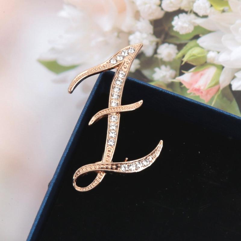 Fashion Women Rhinestone Brooch A-Z English Letter Gold Color Metal Pins Crystal Alphabet Jewelry Shirt Clothes Accessories Gift