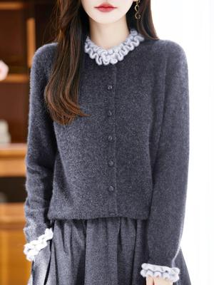 2025 Autumn/Winter French Lace Knit Cardigan Coat: 100% Pure Wool, Age-Reducing Fashion Sweater