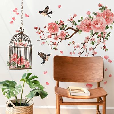 Eenvoudige Perzikbloesem Tak Vogelkooi Slaapkamer Woonkamer Achtergrond Verfraaiing en Decoratieve Muurstickers