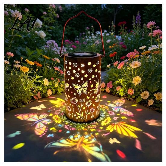 Outdoor Solar Lantern Colorful Floral Lantern Metal Hummingbird Light Waterproof Butterfly LED A