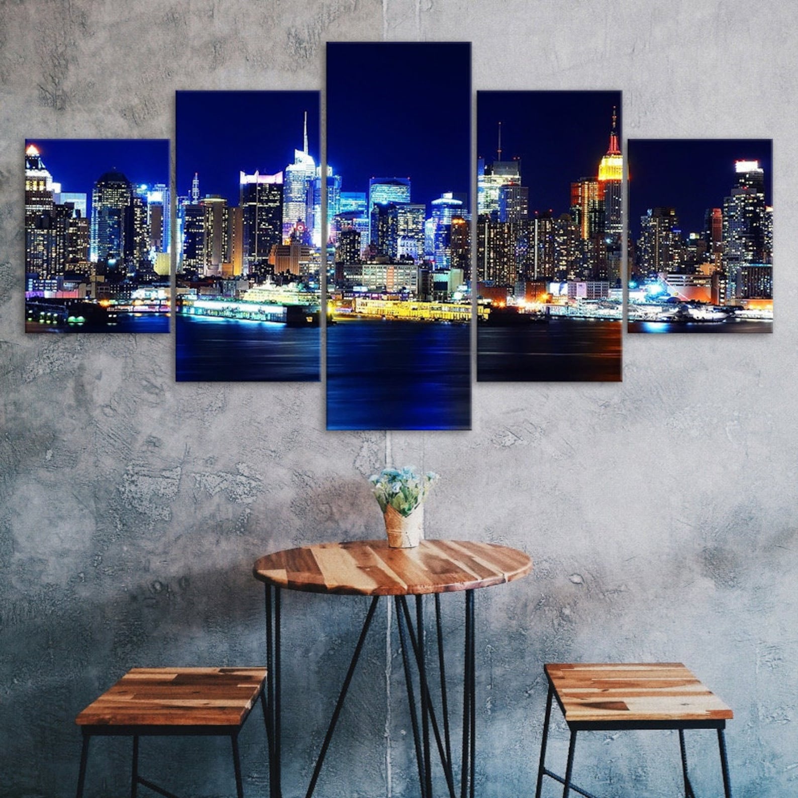 

New York City Skyline Hudson River Night View 5 Piece Five Panel Wall Canvas Print Modern Art Poster Picture Home Decor Gift For Him For Her 20X35 20X45 20X55CM