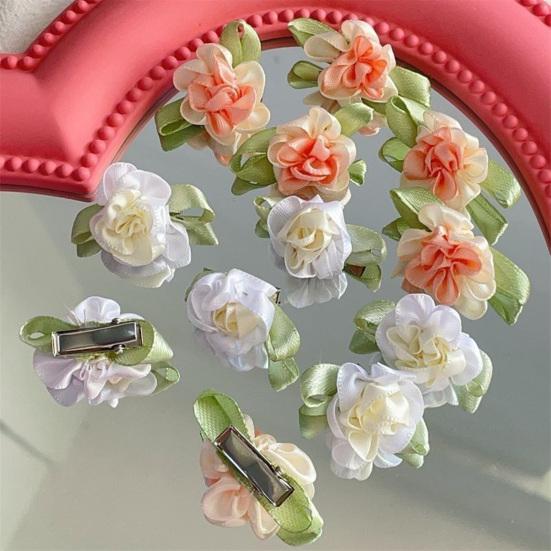 4Pcs Girl Hairpin Hand-Sewn Fabric Flowers Hair Clip with Green Leaves Side Clips Hair Accessories Spring Wear