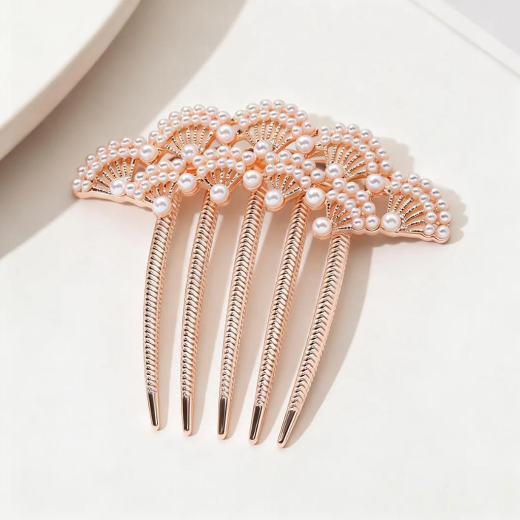 Luxury Pearl Embellished Hair Comb Rose Gold Fan Design Hair Fork for Bun Updo Hairstyle Elegant Hair Accessories for Women Girl