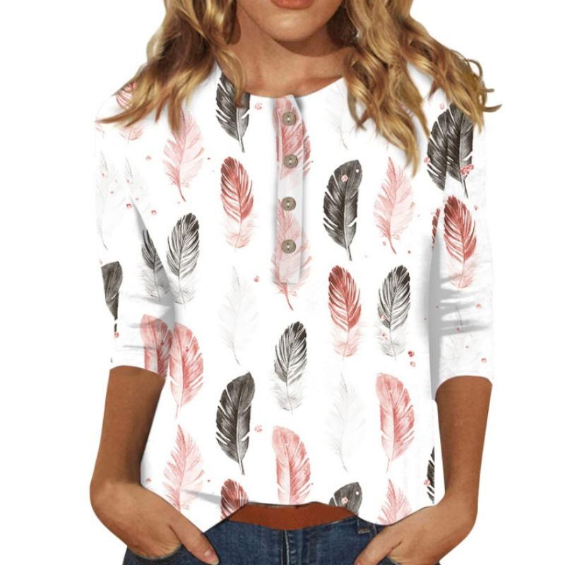 Button V-neck 3D Printed Top Fashionable Casual Long Sleeved Women's T-shirts