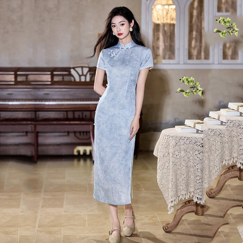 Womens Modern Chinese-Inspired Long Cheongsam Dress Vintage Style Short Sleeve Slim Fit Daily Wear Medium