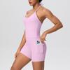 Europäisch-Amerikanisches Wolkengefühl Yoga-Tanktop & Shorts Set: Einfarbig, Seil-Träger, Schöner Rücken, Tasche, Figurbetont für Damen