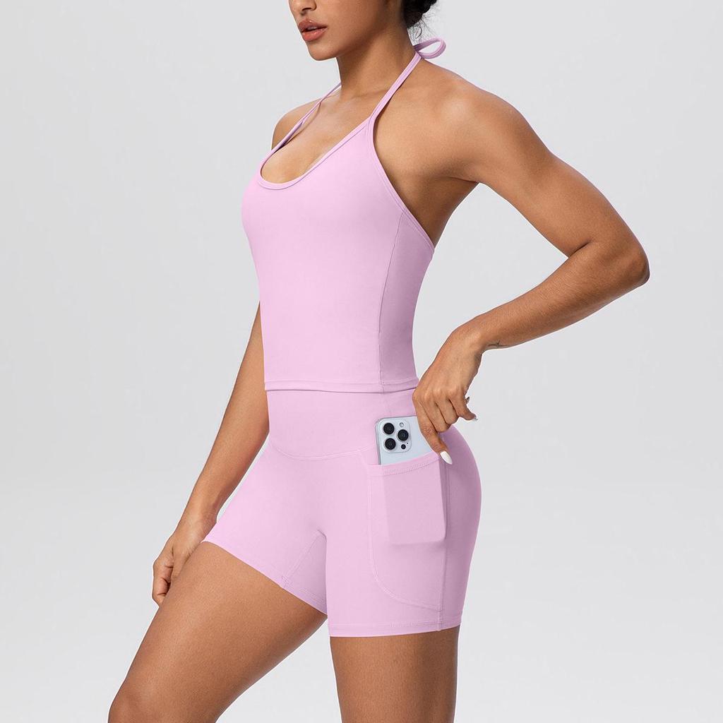 Europäisch-Amerikanisches Wolkengefühl Yoga-Tanktop & Shorts Set: Einfarbig, Seil-Träger, Schöner Rücken, Tasche, Figurbetont für Damen