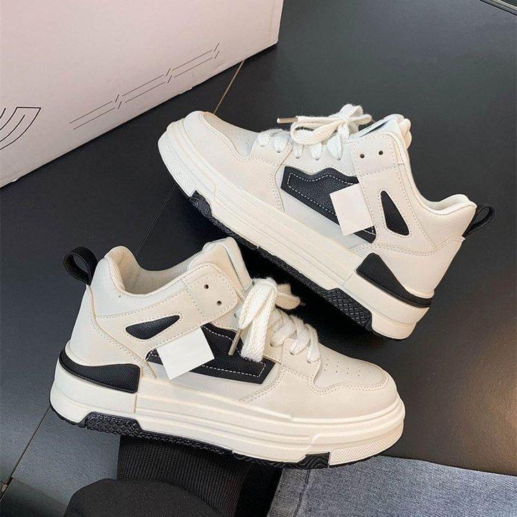 Mid-Top Sneakers Women's  Winter New Muffin Soft Bottom Sneakers Women's Color Matching Lace-up Casual White Shoes for Women