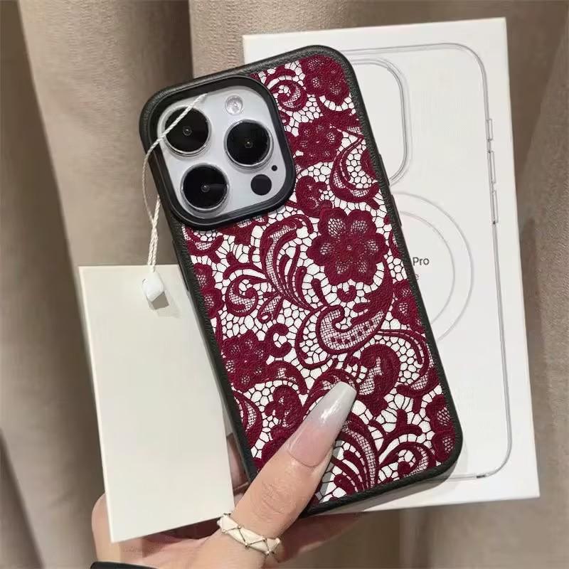 Burgundy Lace Elegance Lichee leather pattern Phone Case For iPhone 17 16e 16 15 14 13 12 11 Air Pro Max Plus X XR XSMax Cover