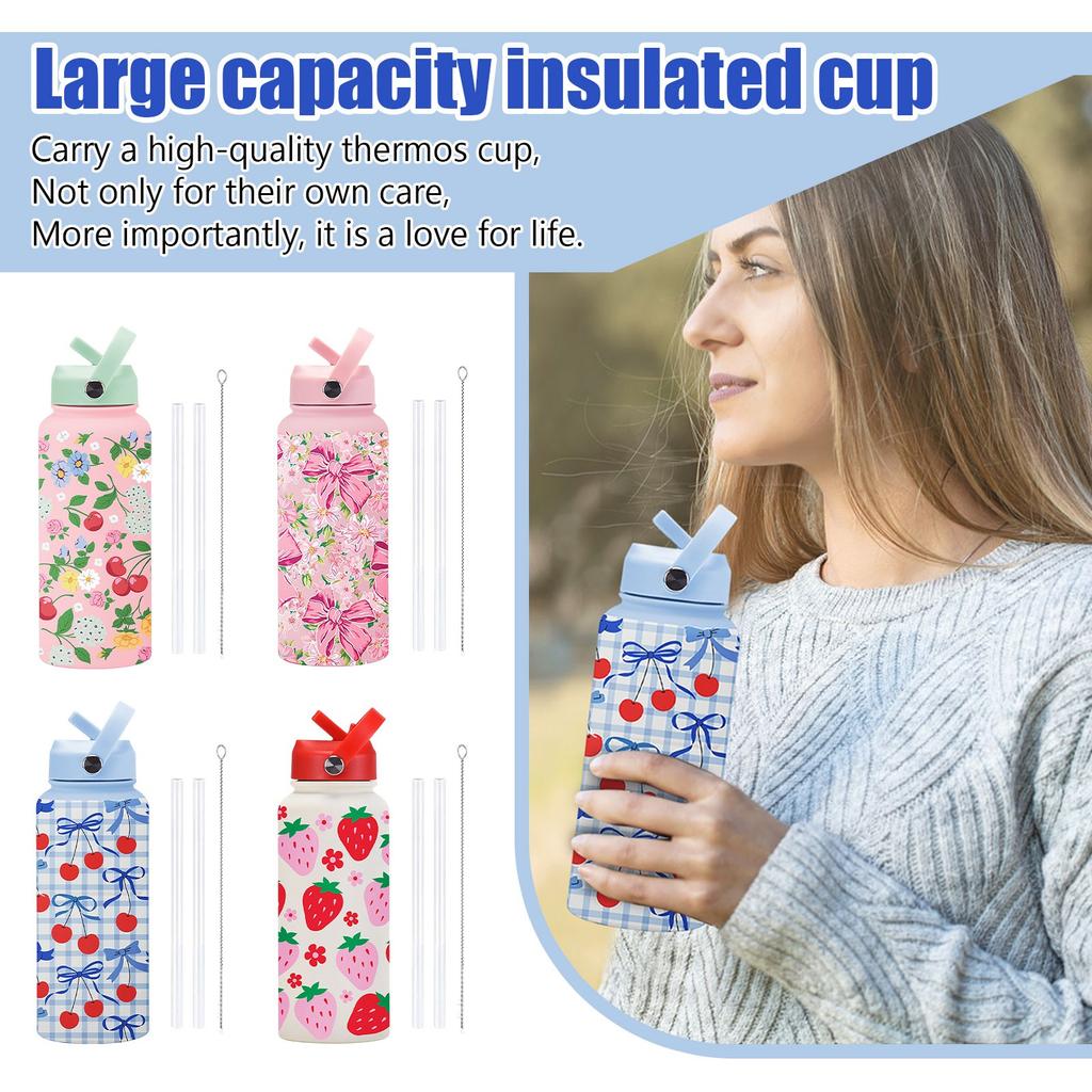 Sports Kettle Stainless Steel 1L Large Capacity Printed Large Mouth Insulated Cup Portable Handle Straw Water Cup