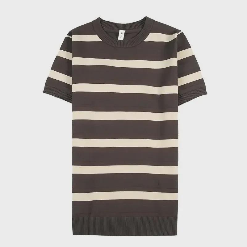 Men's Green Striped Ice Silk Slim-Fit T-Shirt - Summer Half-Sleeve