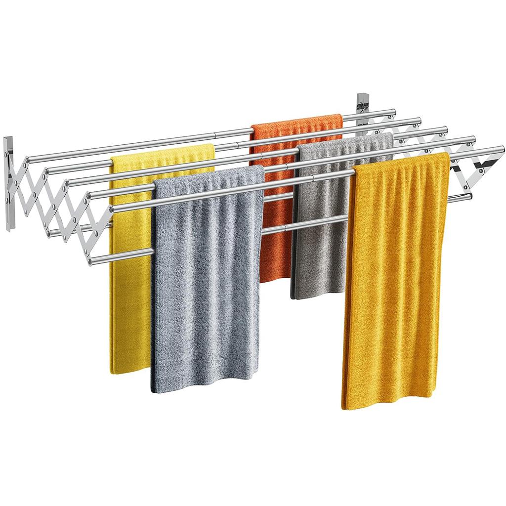 Suport de uscare pentru haine din oțel inoxidabil Suport de uscare retractabil pentru acordeon, montat pe perete, cu 7 tije de uscare pentru spălătorie/baie