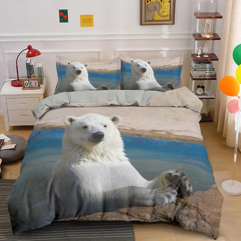 Polar Bear Duvet Cover 3D Lovely White Arctic Animals Kids Teens Women Wildlife Arctic Scenery Theme Quilt Cover Room Decoration