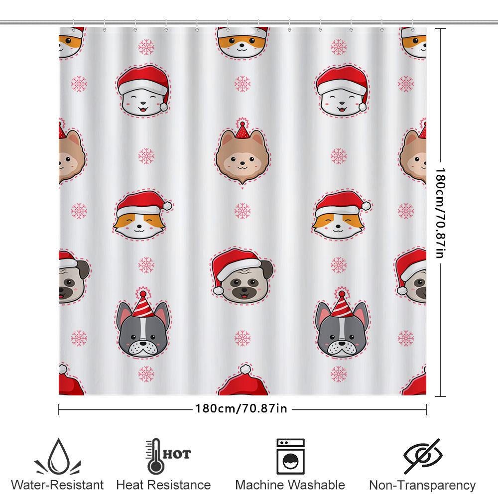 Adorable Dogs Christmas Shower Curtain Set for Bathroom Decor Waterproof Fabric with Santa Hats Snowflakes Pattern