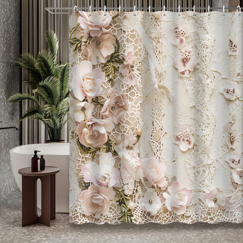 1Pc Shower Curtain - Elegant Floral And Lace Design For A Romantic Bathroom Waterproof