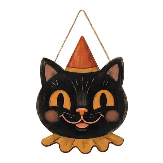 Rustic Wood Skull Decor Halloween Wooden Hanging Pendant with Lanyard, Retro Ghost/Pumpkin/Skull/Black Cat Holiday Yard Accents Decorations for Front