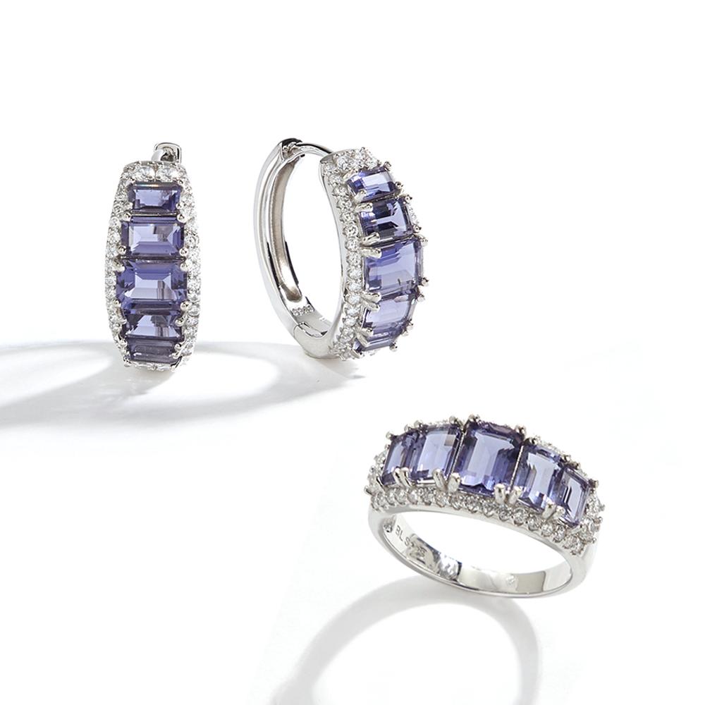 

Women s 925 Sterling Silver Jewelry Set Octagonal Natural iolite Gemstones Simple Design Clasp Earrings Rings for Fine Gifts US RING SIZE:7#