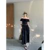 Kumikumi High Sense French Style Frill Off-Neck Dress Women Summer Slimming Temperament A- Line Skirt Long Dress