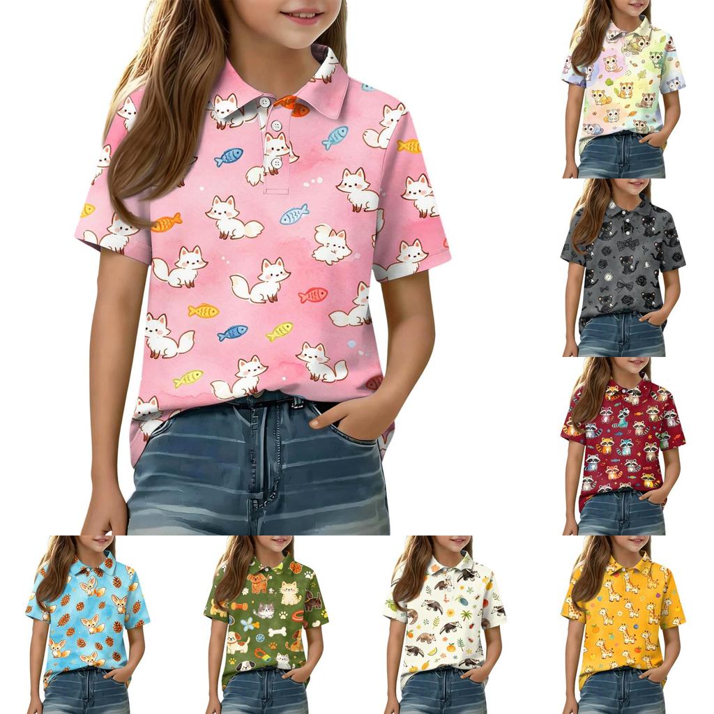 Kids Short Sleeve Polo Shirt Animal Print Casual Tee Button Down Collar Lightweight Summer Top for Boys Girls