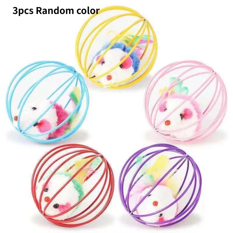 3pcs Cat Toy Cage Mouse Self Play Random Color Ball Teasing Stick Bell Kitten Exercise Relieve Boredom Interactive Chew Toy