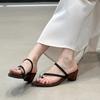 Cowhide version~ retro pointed thick heel heightened one-word set of toe slippers women's summer new French wedge heel toe sandals