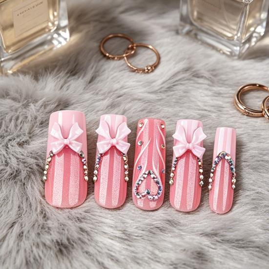 24Pcs Long French Tip Press on Nails, 3D Pink Bow Rhinestone Stick-on Nails for Women, Removable Full Cover Glue on Fake Nails