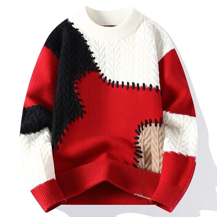 

Mens Fall and Winter Patchwork Casual Knit Pullovers Sweater Thick Warm Loose Handsome Knitted Sweaters 3XL