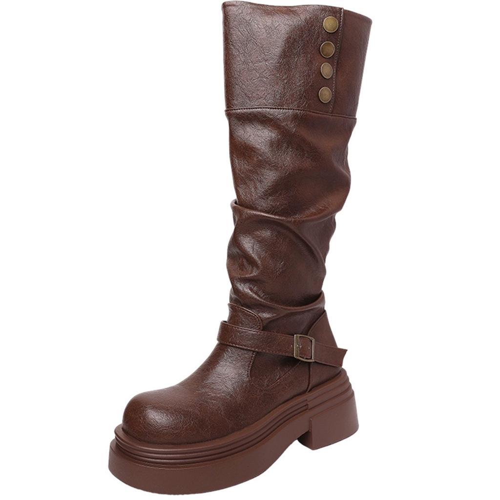 Schwarze Plateaustiefel Damen 2025 neu Merad Spice Girls Ritterstiefel Western Cowboy Stiefel