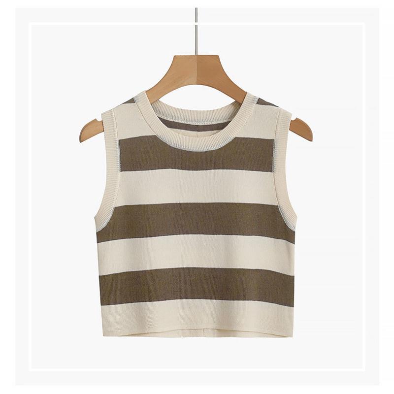 Sexy ribbestrikket tanktopp for kvinner Sommerstriper o-hals Ermeløse beskjæringsoverdeler Street Vintage koreansk moteskjortevest Y2K-klær