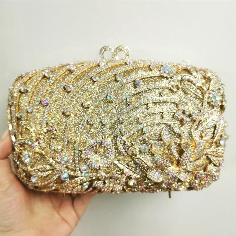 

WHTUOHENG Luxury Crystal Evening Clutch Purses Women s Diamond Metallic Wedding Purse Champagne Silver Party Bag Flower Handbags 21cmX13cmX6cm