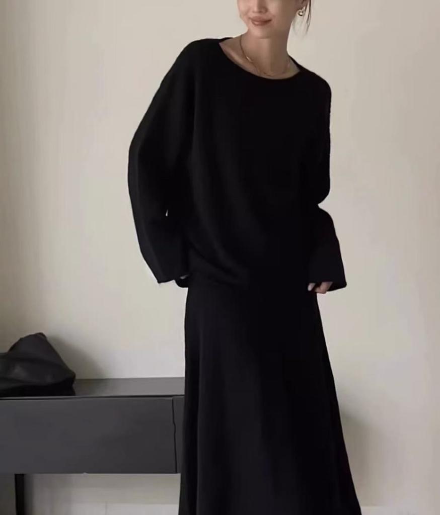 European and American Cross-border New Solid Color One-word Collar Loose Lazy Style Pullover Knitted Half-body Pleated Skirt Two-piece Set