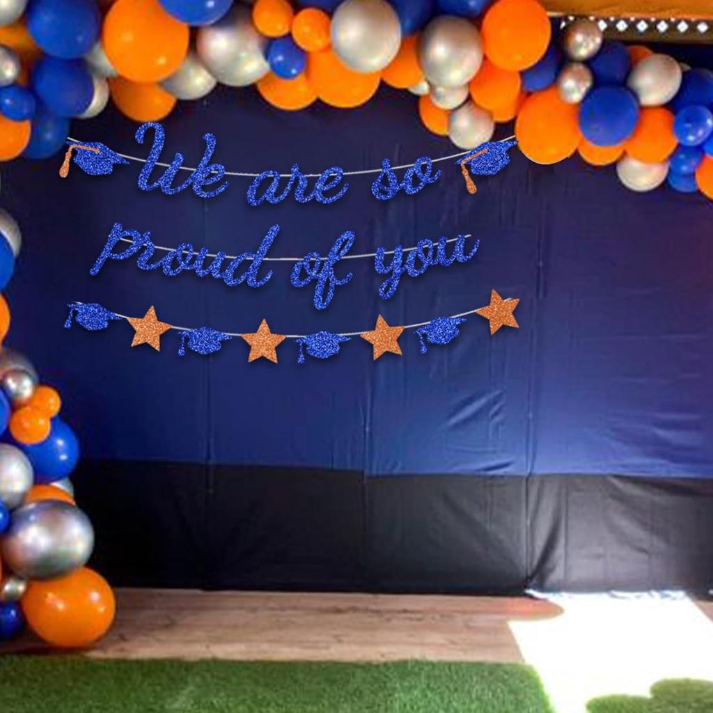 We Are So Proud Of You Banner Graduation Party Decorations Glitter Congratulations Class Grad Ideas Blue Grad Oragne