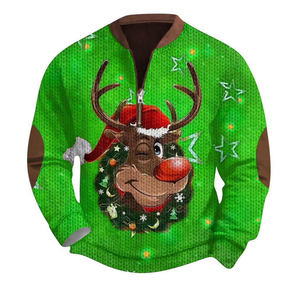 Mens Christmas Sweater Zip Up Sweatshirts Vintage Knit Graphic Sweatshirt Xmas Stand Collar Pullover