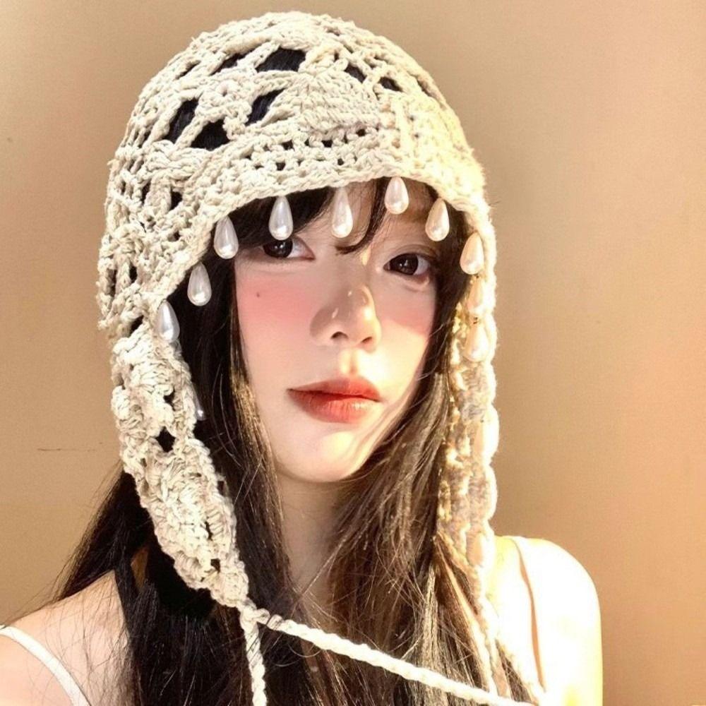 Pearls Crochet Tassels Cap Handmade Weave Basin Hats Cute Knitted Beanies Caps Outdoor