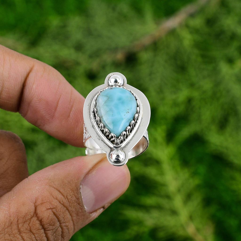 Natural Larimar Gemstone 925 Silver Multi Stone Adjustable Ring For Girls