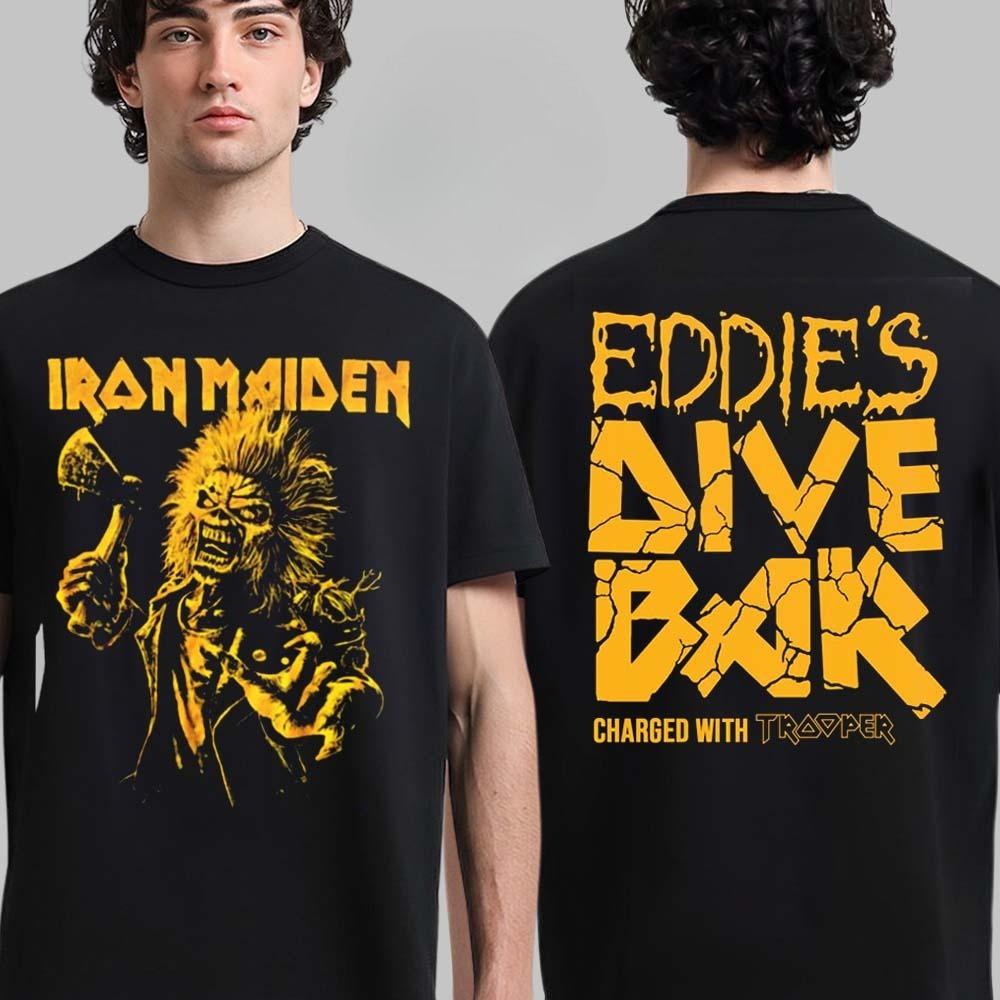 Rare Ir Maiden Eddie's Dive Bar Charged with Trooper 2026 Run for Your Lives World Tour Merch Two Sided Unisex T-Shirt