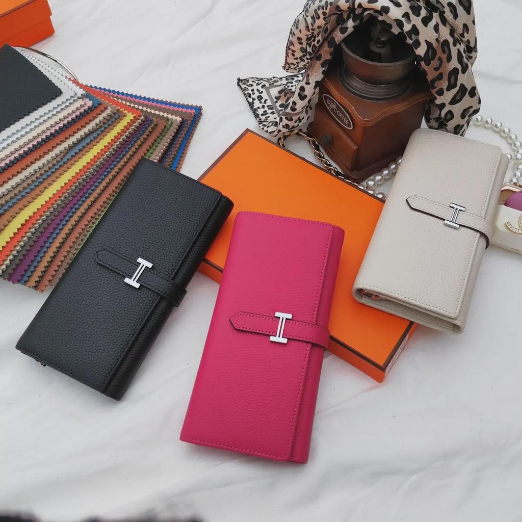 Litchi Grain Cowhide Women's Long Wallet: Large Capacity, Fashionable, Versatile Two-Fold Handbag