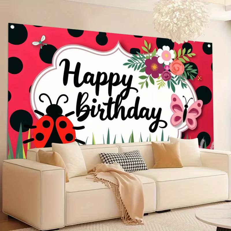 2D Ladybug Backdrop for Kids, Girls and Garden Themed Birthday Parties