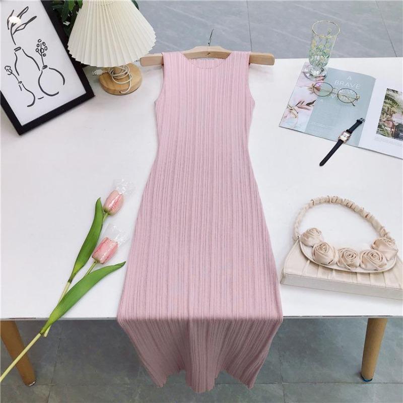 Sleeveless Knitted Pit Stripe Vest Dress Solid Round Collar High Waist Women's Dress Casual Commuting Long Dresses C-312