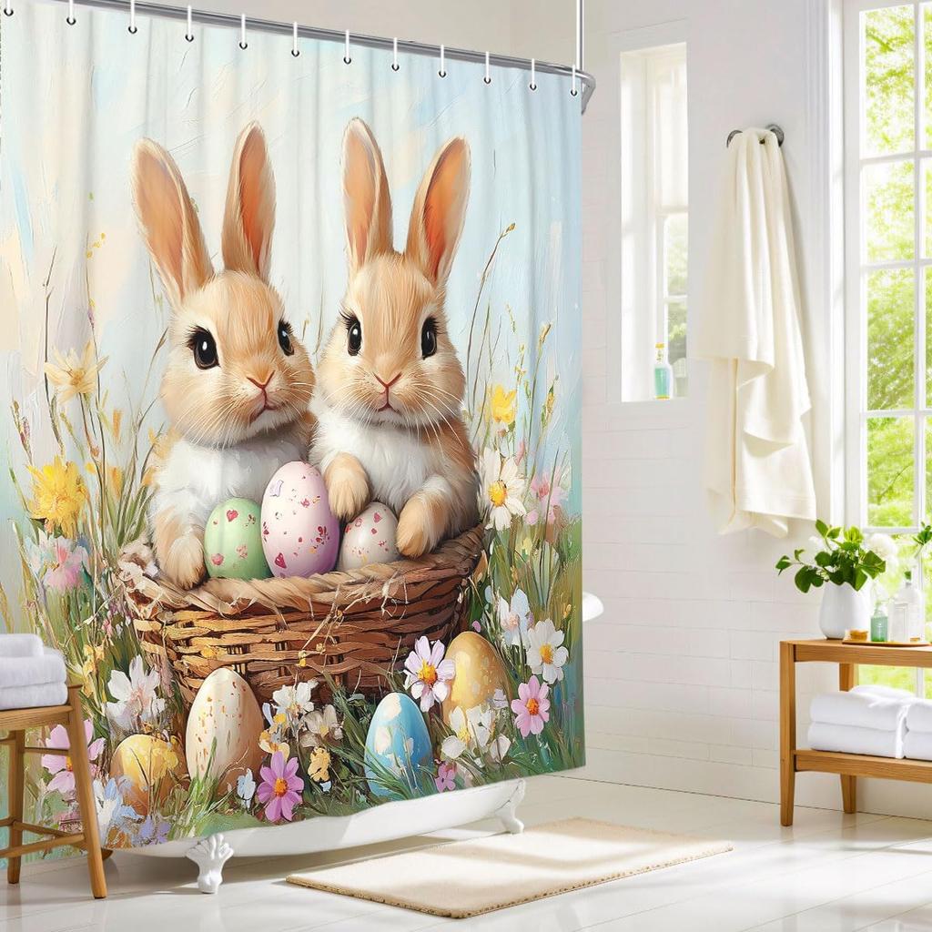 Easter Shower Curtain Happy Easter Cute Bunny Bathroom Decor Set with Colorful Floral, Cloth Fabric Bathroom Decor Set with