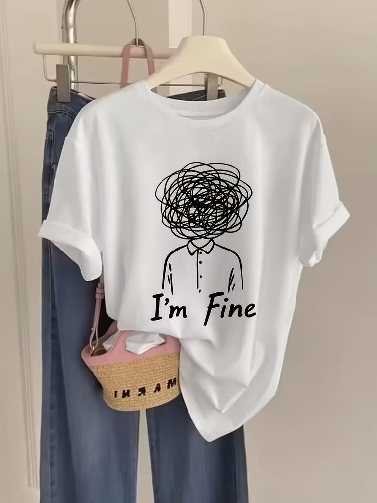Im Fine Messy Hair Print TShirt Casual Crew Neck Comfortable Regular Fit Fun Geometric Pattern for Everyday Wear