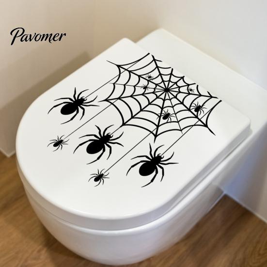 Indoor Party Atmosphere Props Halloween Spider Web Toilet Seat Sticker, Self-Adhesive Black Spiders Lid Moisture Proof Ceramic Tile Decals Decal,