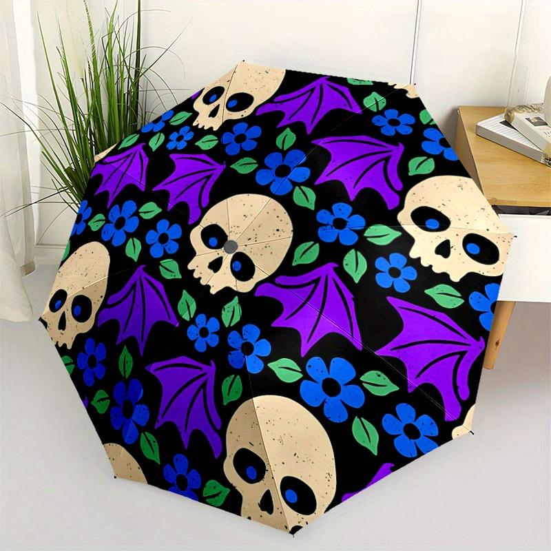 1pc Skull Flowers Automatic Open/Close Umbrella - Compact Travel Umbrella, 8-Rib Heavy-Duty Construction, Ideal Gift, Outdoor Accessory, Sty